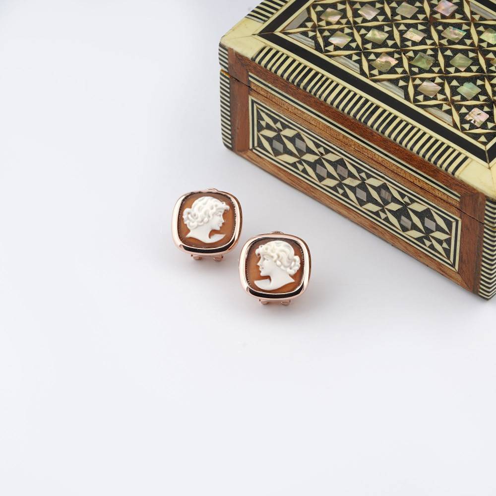 Orecchini Donna Cameo Italiano Argento Rosè 925 Testa Donna O19-R