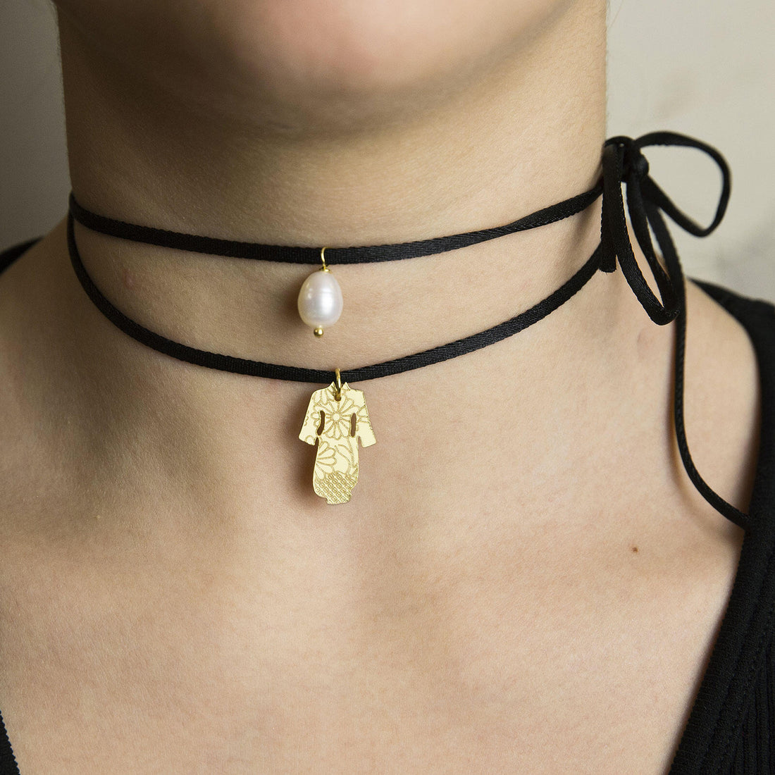 Collana Donna Lebole Tessuto Nero Ottone Kimono Perla KO.K/FI/Nero.P