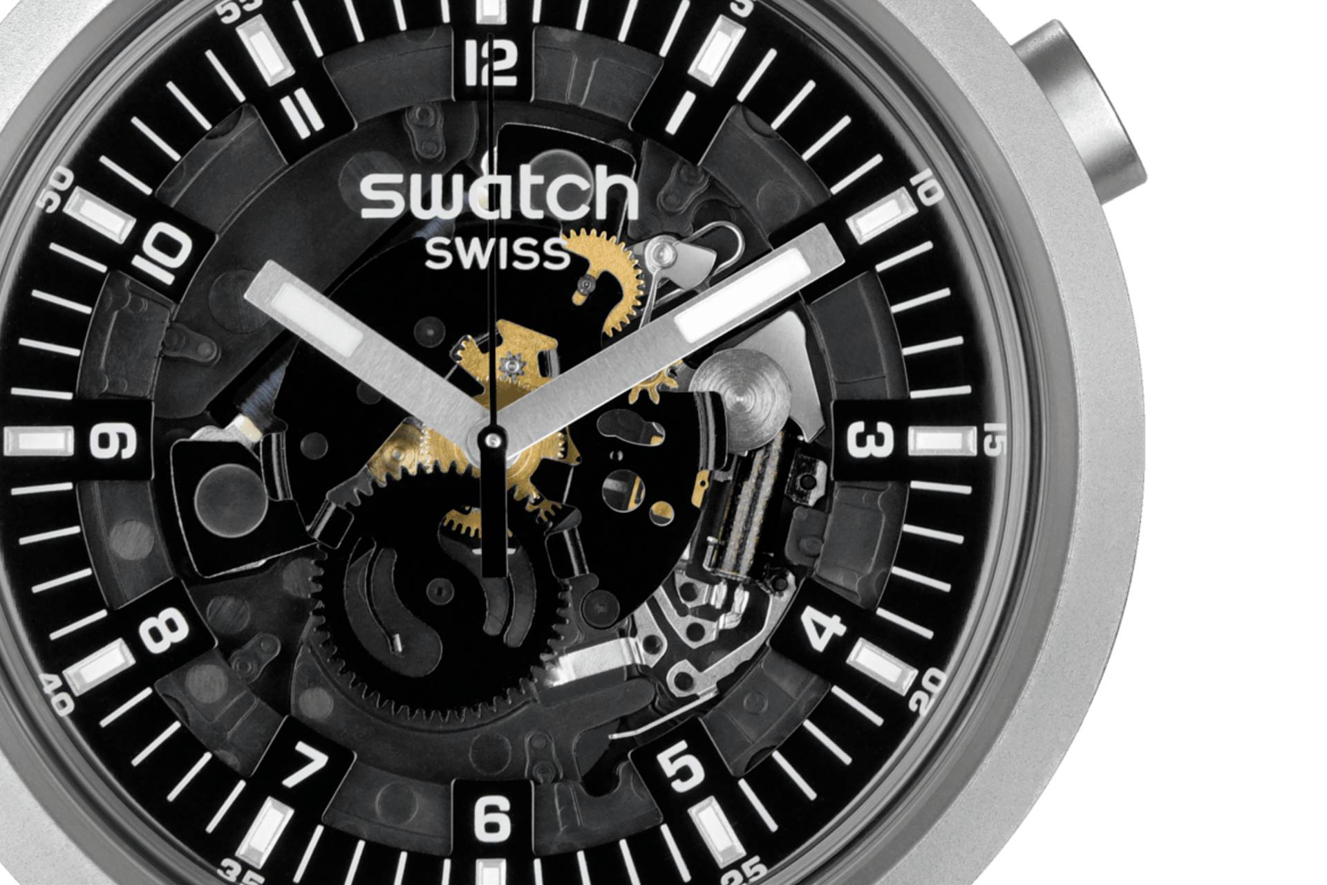 Orologio Unisex Swatch Acciaio Big Bold Dark Irony Gomma Nero Scheletrato SB07S105