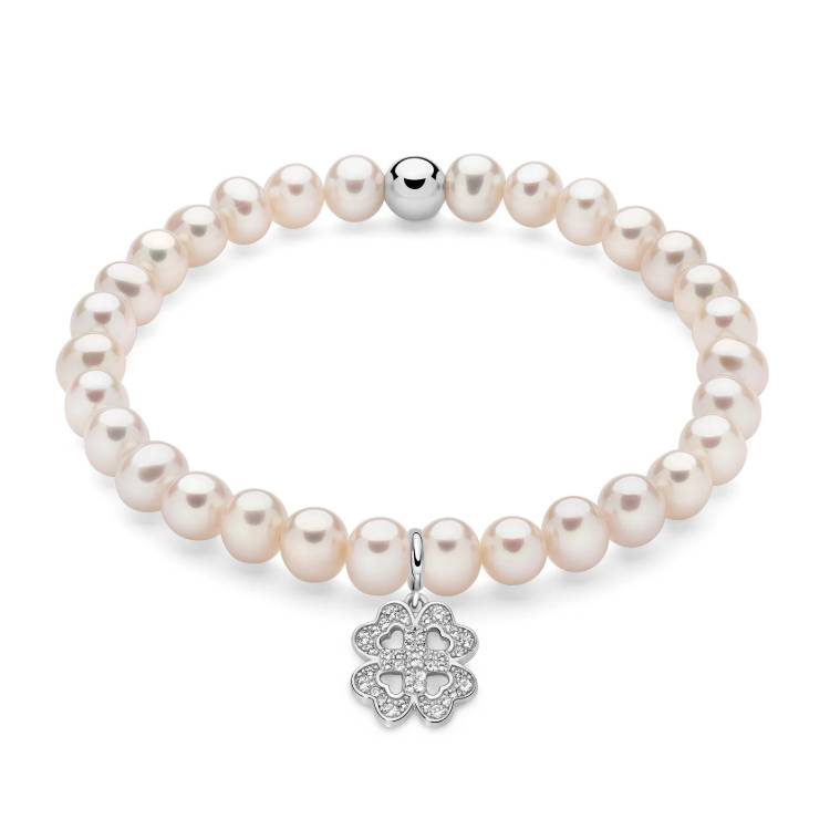 Bracciale Donna Miluna Perle Elastico Quadrifoglio Argento Topazi PBR3588