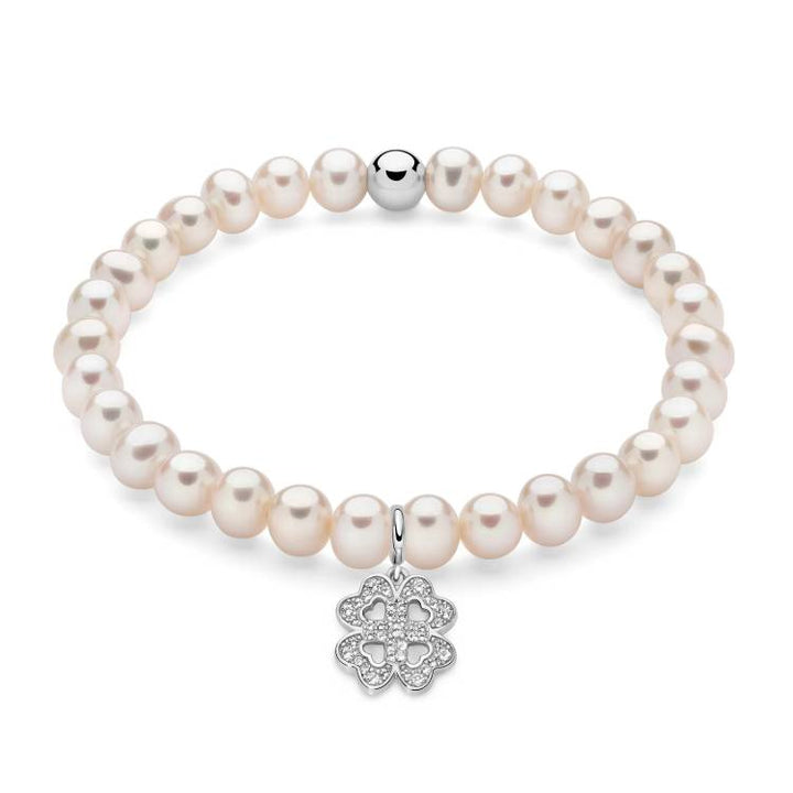 Bracciale Donna Miluna Perle Elastico Quadrifoglio Argento Topazi PBR3588