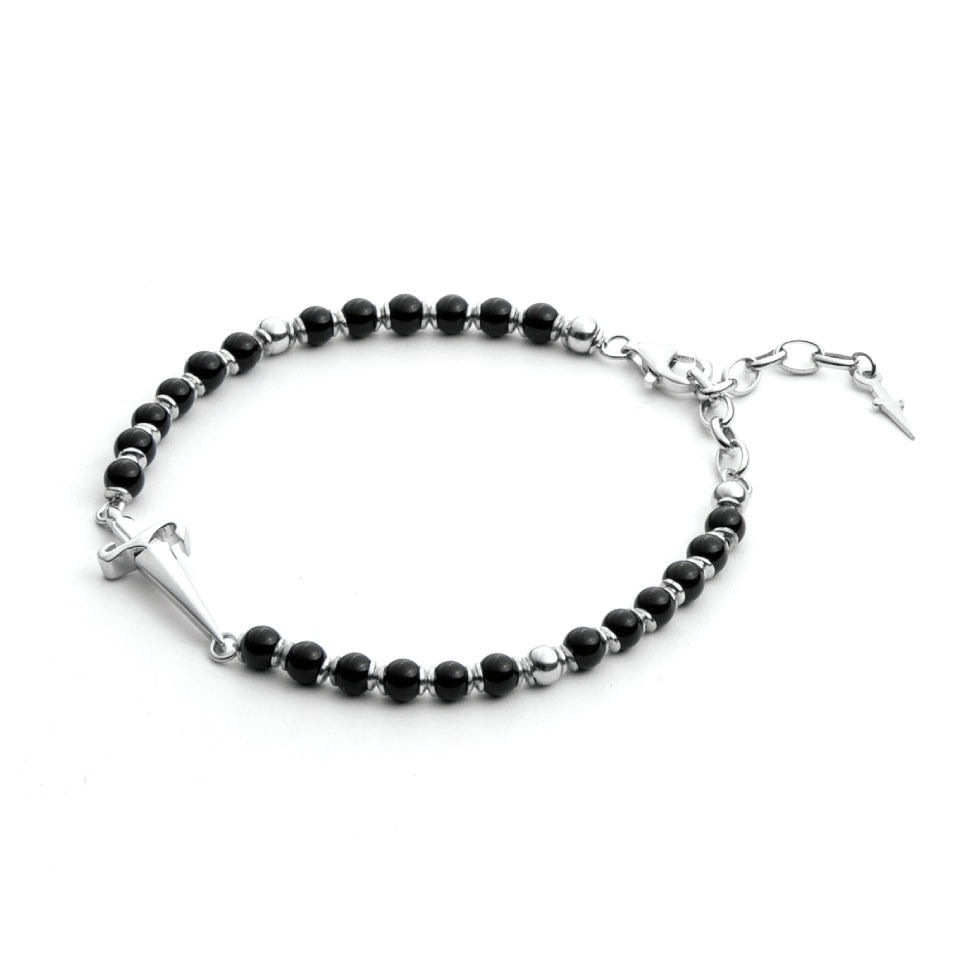 Bracciale Uomo Argento Cesare Paciotti Rosario Biglie Nere Spadino JPBR2123B