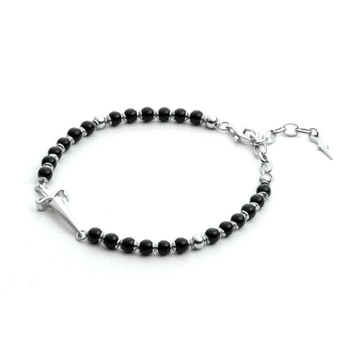 Bracciale Uomo Argento Cesare Paciotti Rosario Biglie Nere Spadino JPBR2123B