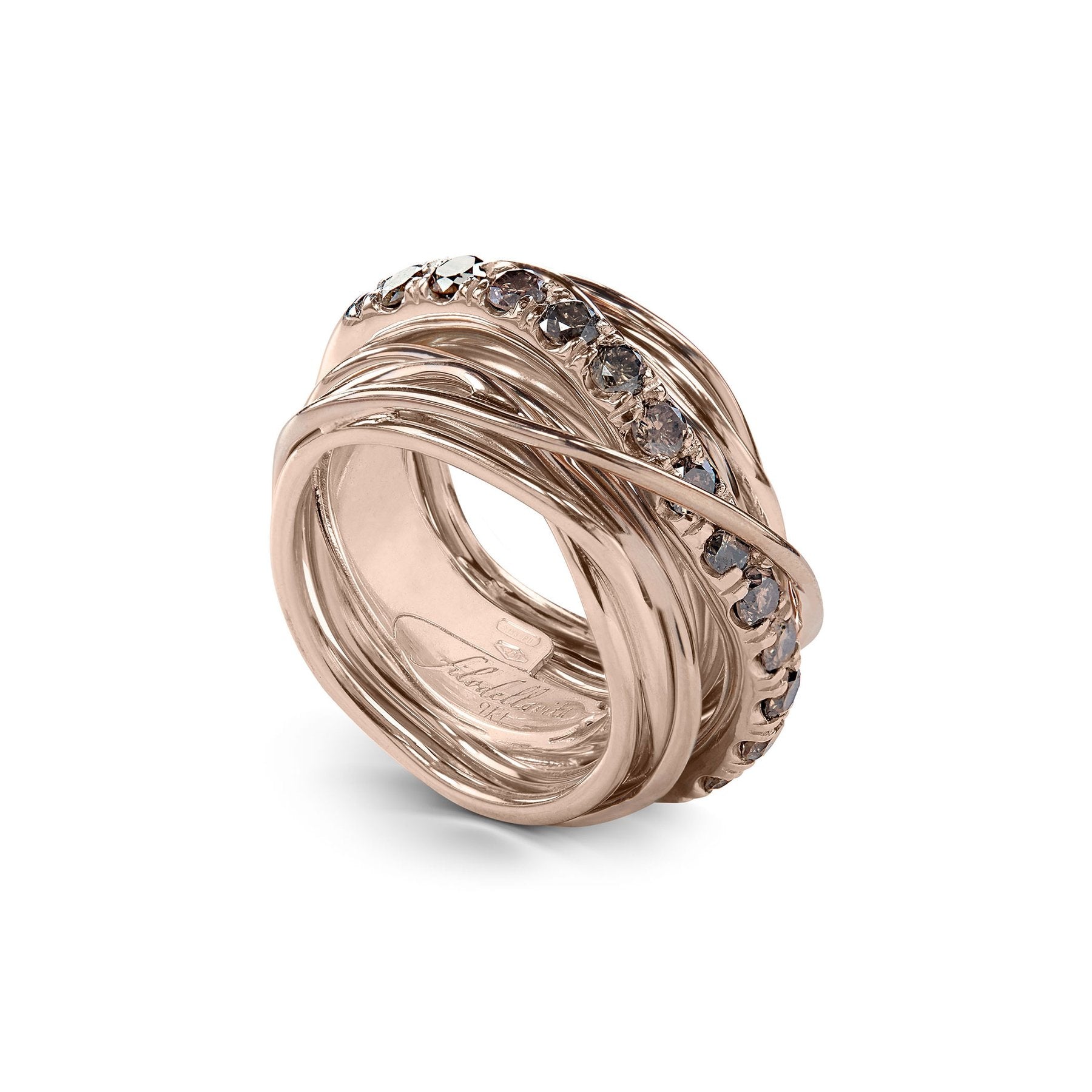 Anello 13 Fili Oro Rosa 9 KT Donna Filo della Vita Diamanti Brown 1.00ct mis 17