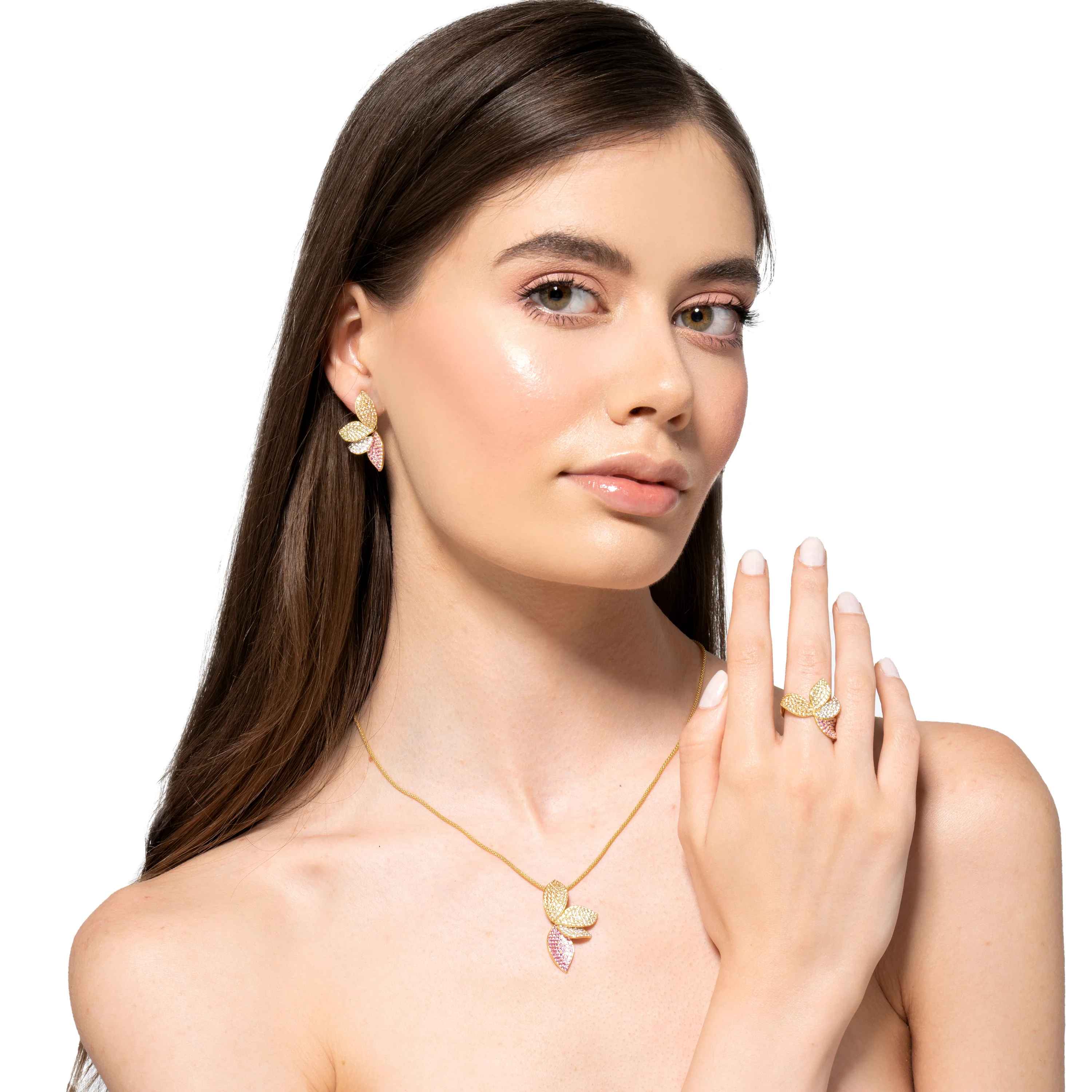 Collana Donna Argento 925 Dorato Petali Fiore Zirconi Gialli Rosa CL087GM