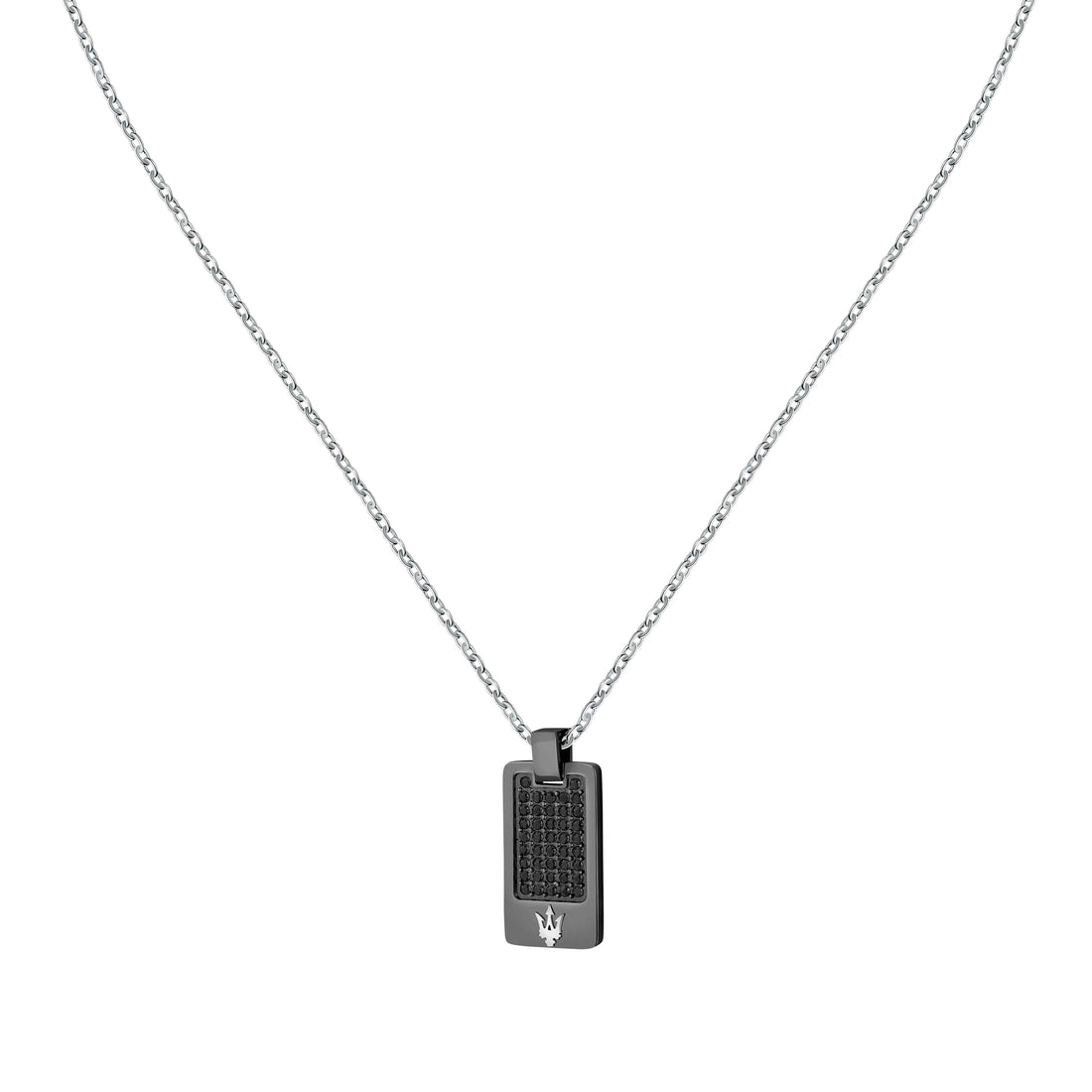 Collana Uomo Maserati Acciaio Targhetta Zirconi Neri Logo Tridente JM424AVD75
