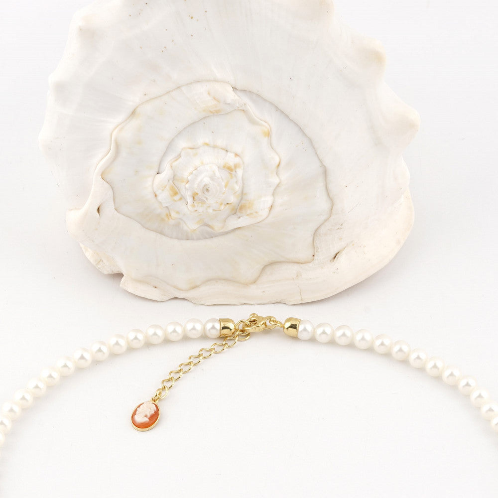 Collana Donna Cameo Italiano Argento Dorato 925 Girocollo Perle Bianche CP4555-G