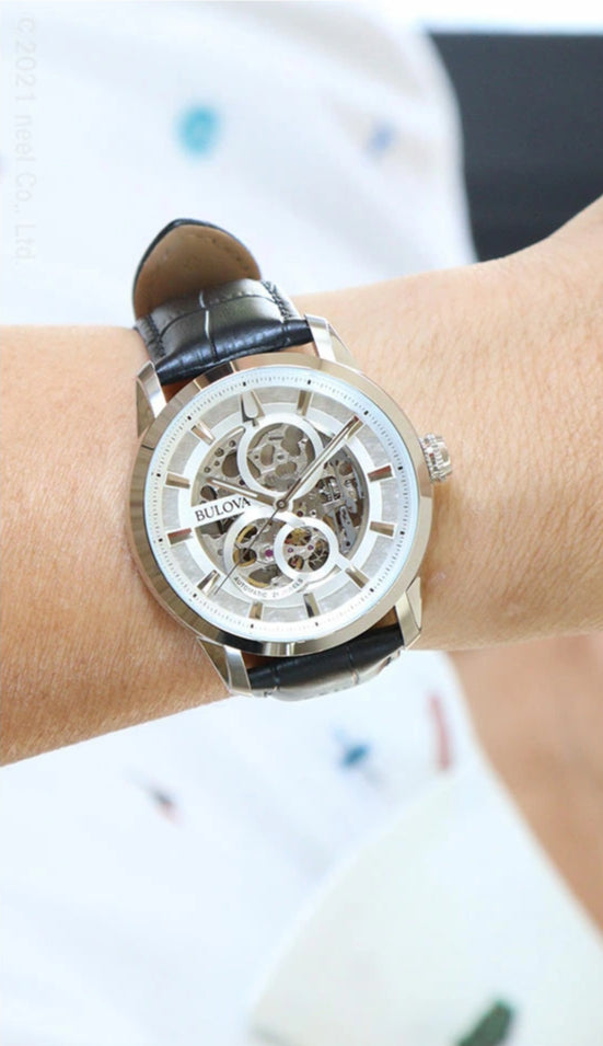 Orologio Uomo Bulova Automatico Sutton Scheleton Pelle Nero Acciaio 96A266