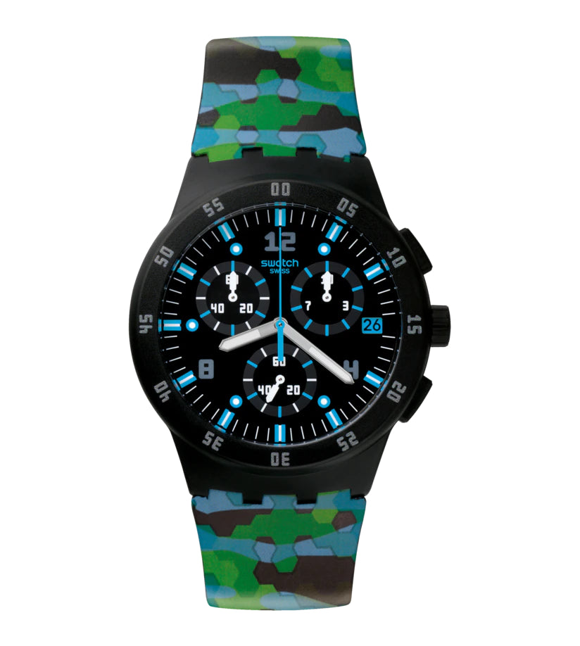 Orologio Uomo Swatch Quarzo Cronografo Data Blu Nero Urban Jungle Verde SUSB403