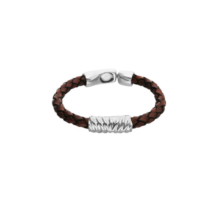 Bracciale Uomo Uno De 50 Pelle Intrecciata Marrone Dettaglio Placcato Argento PUL2632MARMTL0L
