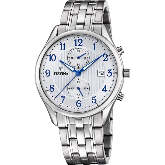 Orologio Uomo Festina Cronografo Bianco Numeri Blu Data Acciaio F6854/A