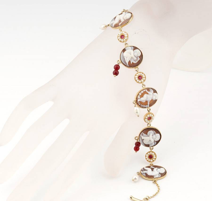 Bracciale Donna Cameo Italiano Argento Rosè 925 Angeli Perline B909-G