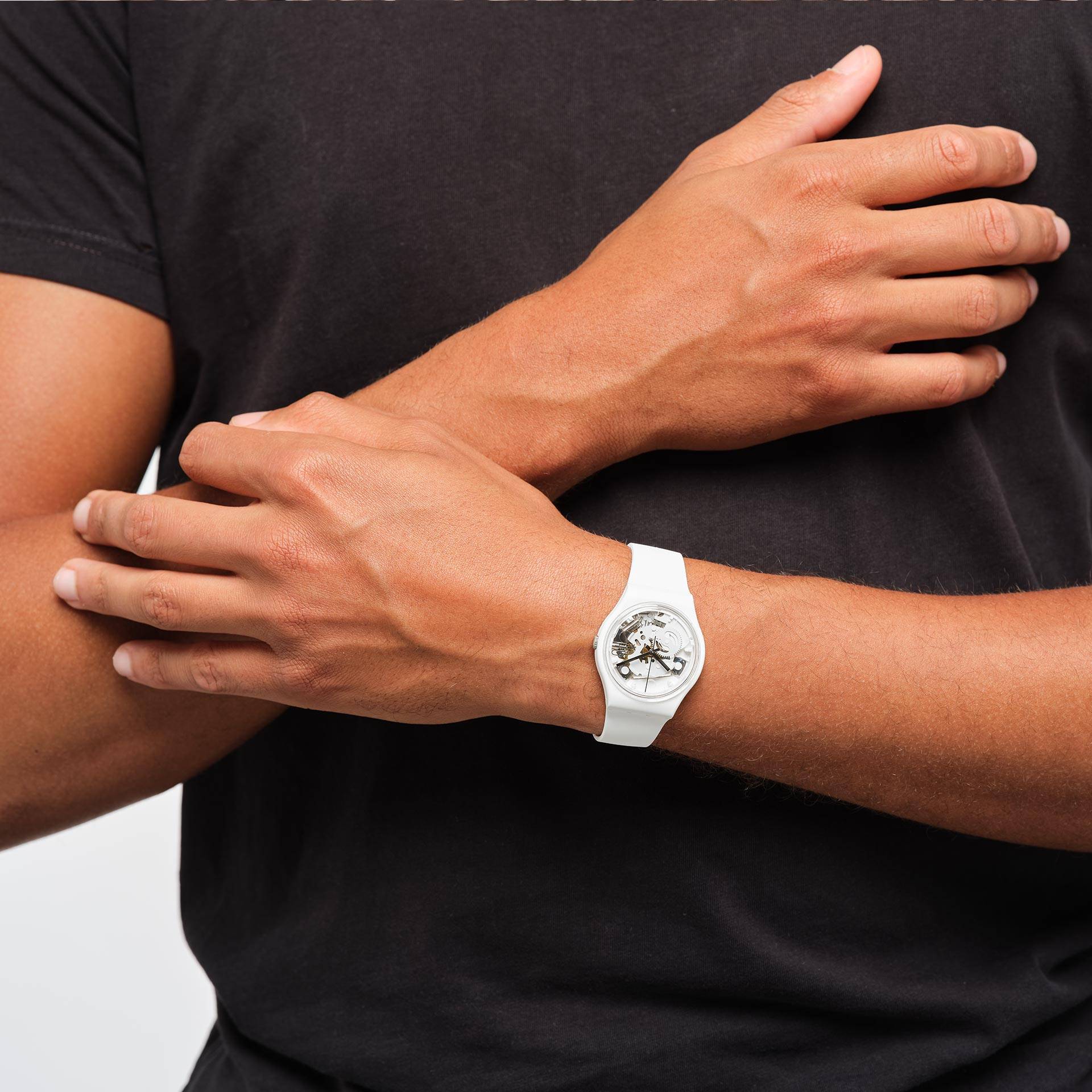 Orologio Uomo Swatch Quarzo Solo Tempo Bioceramic Bianco Scheletrato SO31W102