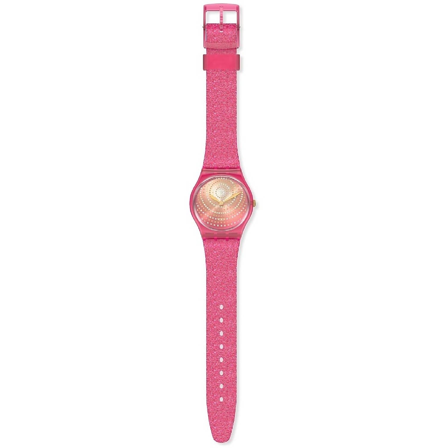 Orologio Donna Gomma Resina Swatch Quarz Solo Tempo Rosa Glitterato Zircon GP169