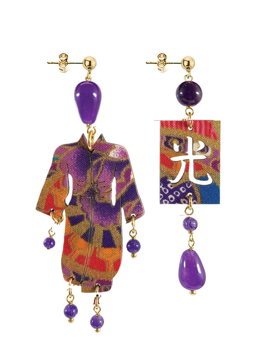 Orecchini Donna Lebole Tessuto Viola Legno Perla Kimono Luce KIMONO SETA FUXIA