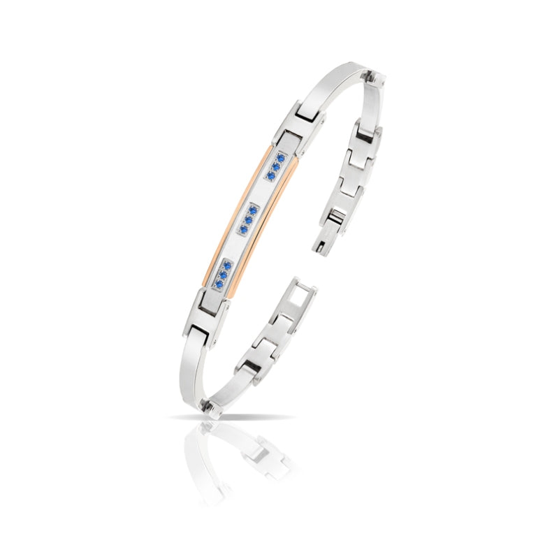 Bracciale Uomo Arkano Semirigido Acciaio Bicolore Rosé Targhetta Zaffiri Blu ABA009ZB