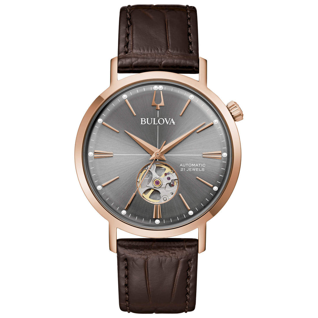 Orologio Uomo Bulova Automatico Aerojet Pelle Marrone Acciaio Rosè Open Heart 97A171