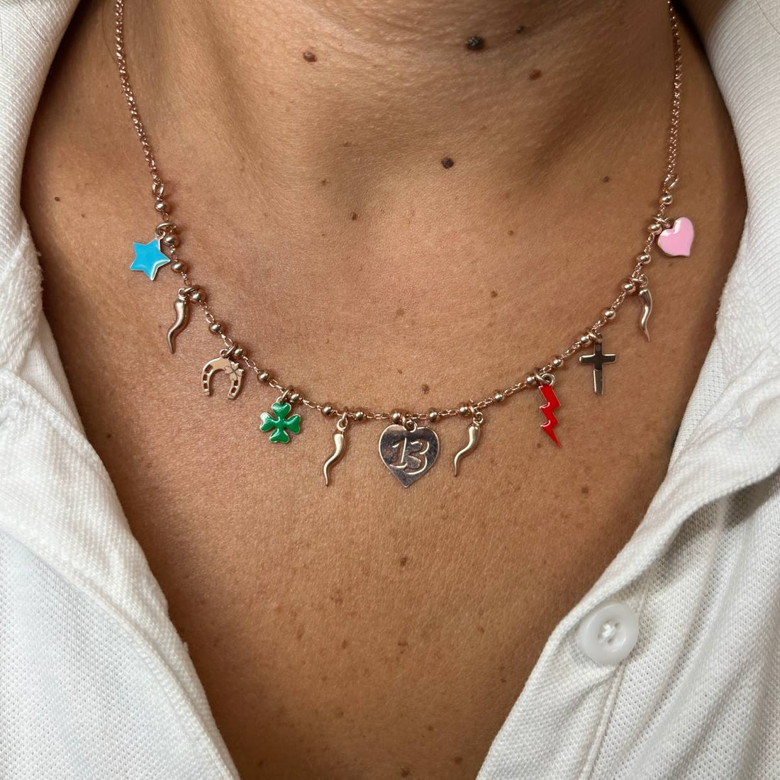 Collana Donna Re Mida Argento Rosè Porta Fortuna Corno Scaramantico Multiciondolo