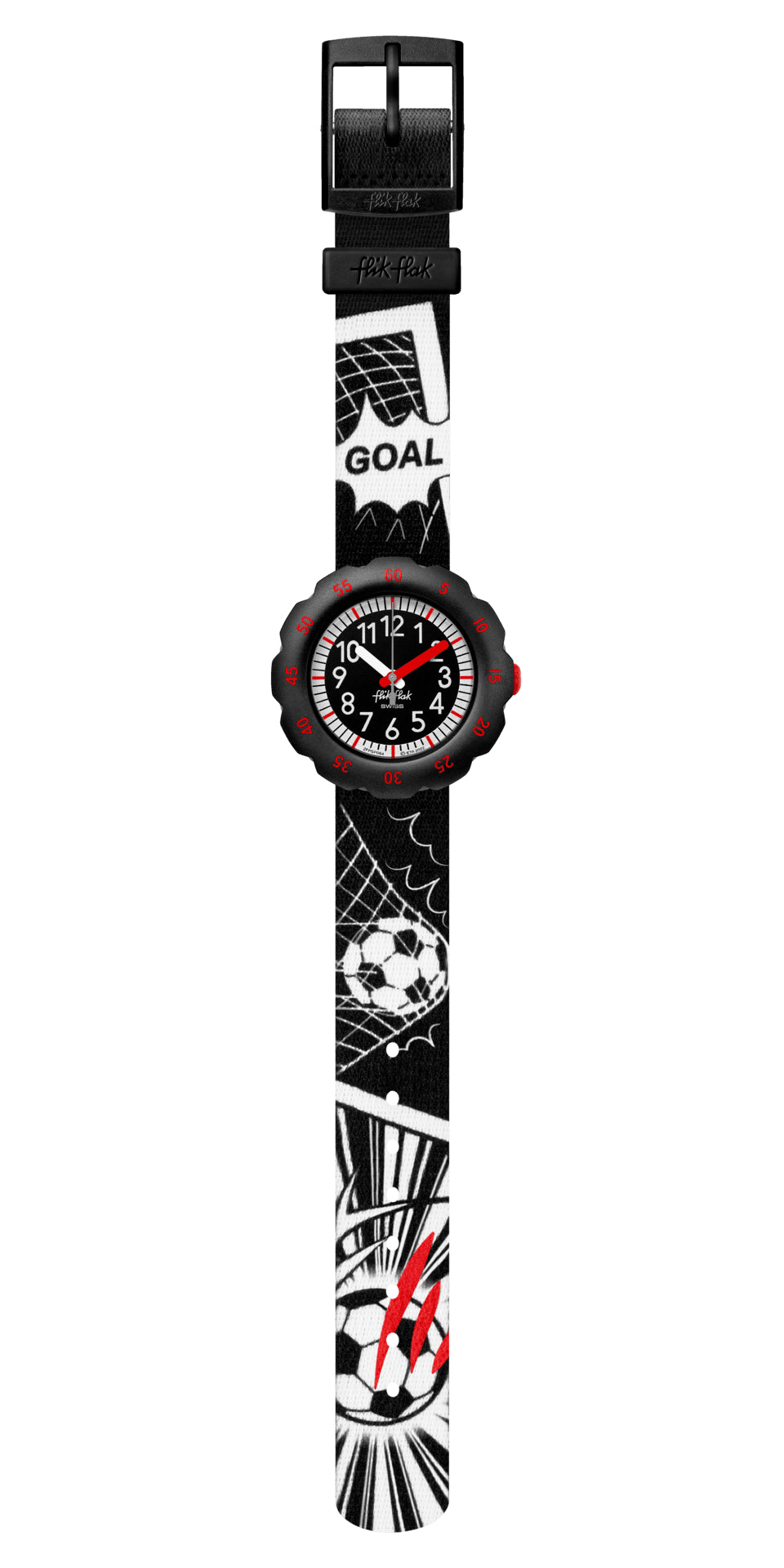 Orologio Bambino Swatch Flik Flak Goal Quarzo Solo Tempo Nero Rosso ZFPSP064