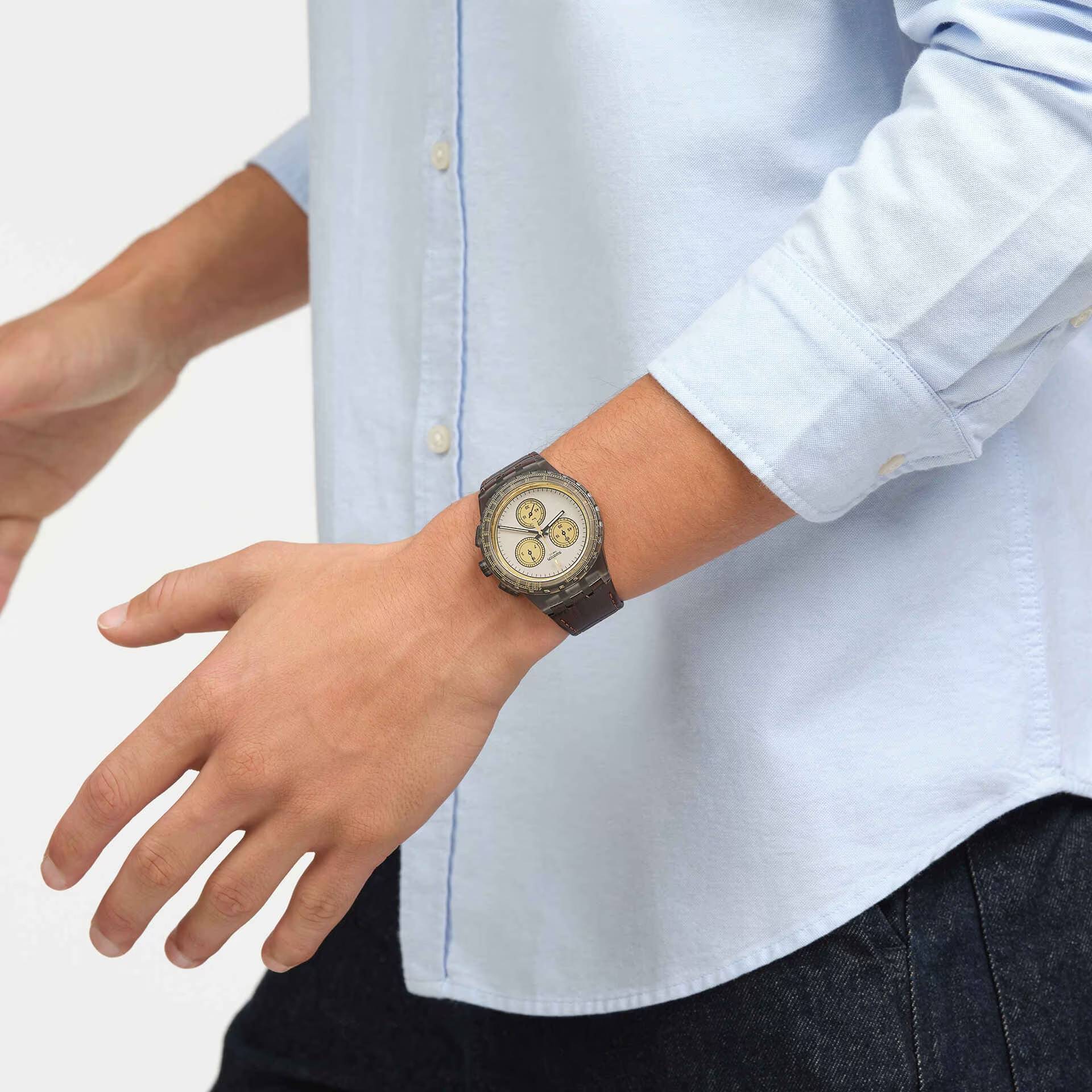 Orologio Unisex Swatch Golden Radiance Grigio Oro Quarzo Cronografo Data SUSM100