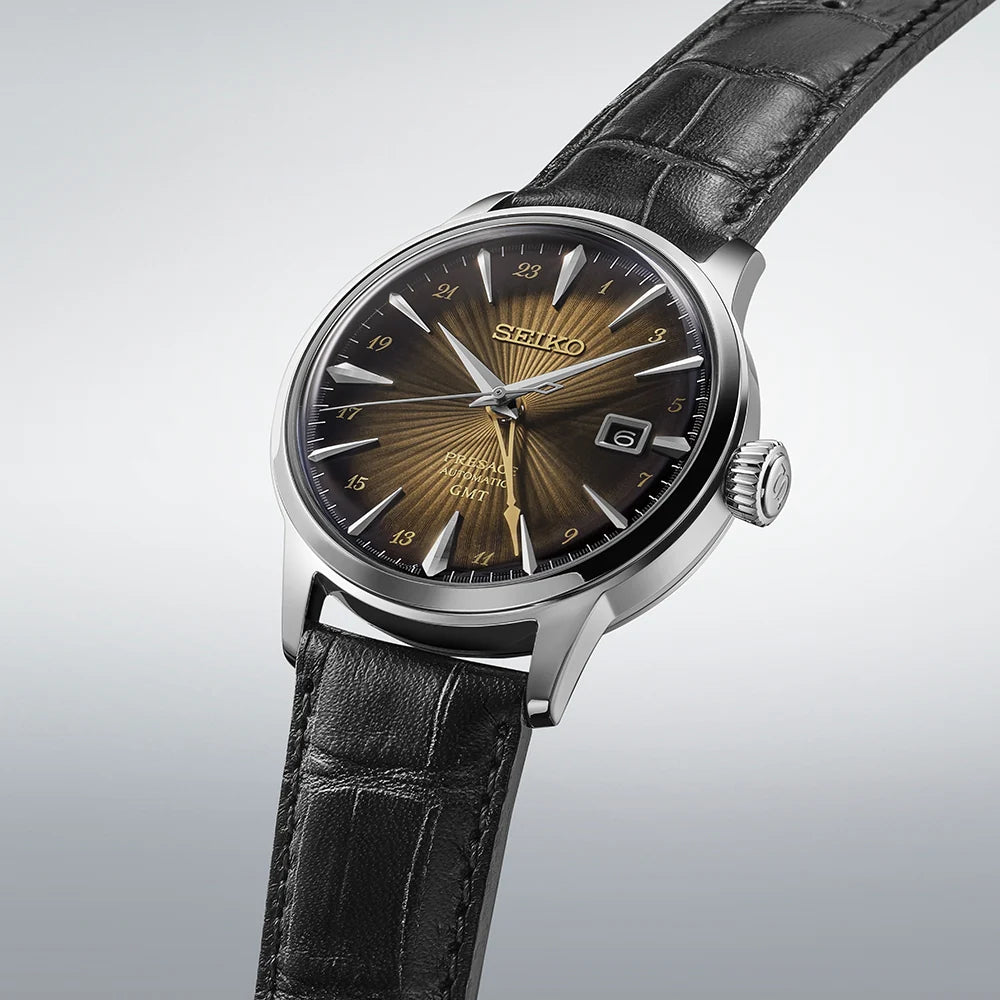 Orologio Uomo Seiko Presage Cocktail Rusty Nail Pelle Nero GMT SSK039J1