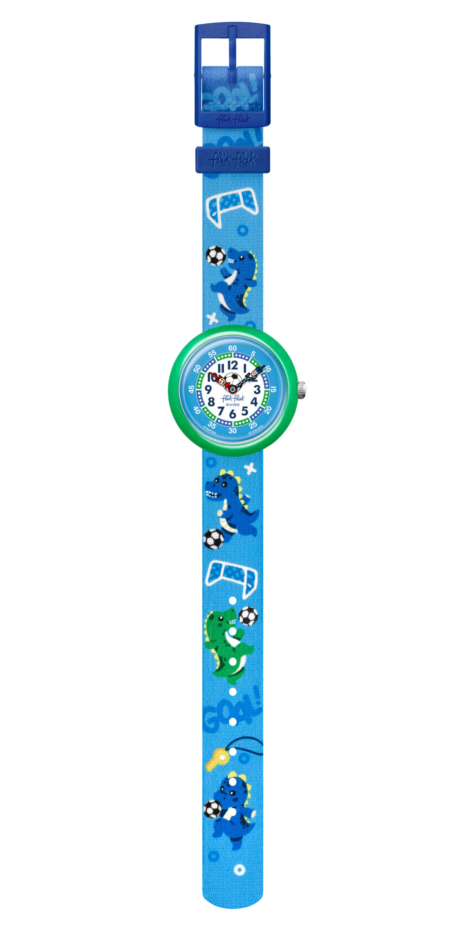 Orologio Bambino Swatch Flik Flak Soccerozaurus Quarzo Solo Tempo Azzurro ZFBNP209