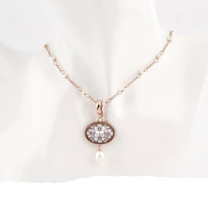 Pendente Donna Cameo Italiano Argento Rosè 925 Bouquet Fiore P135-R