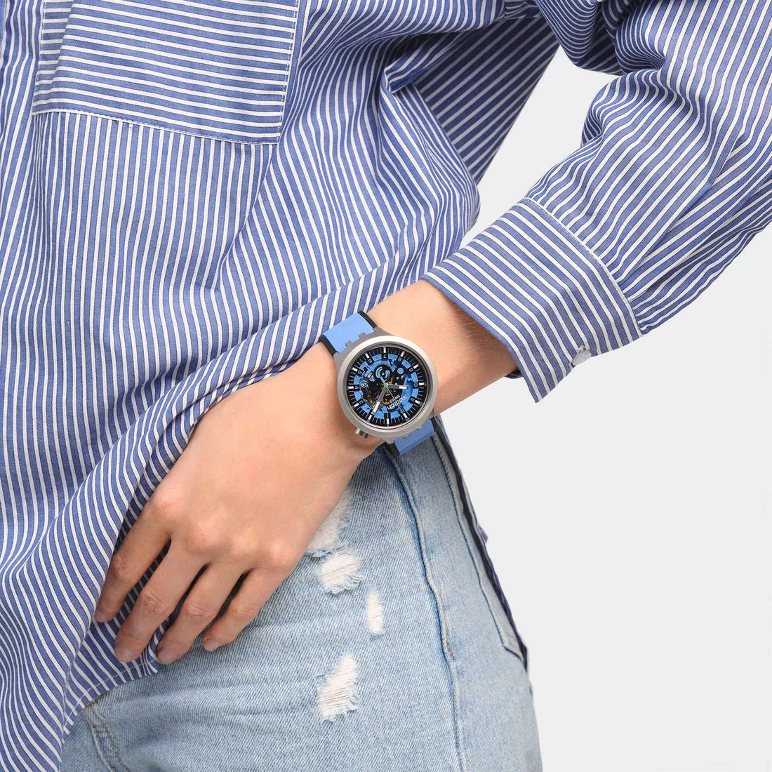 Orologio Unisex Swatch Acciaio Big Bold Azure Blue Daze Gomma Scheletrato SB07S106
