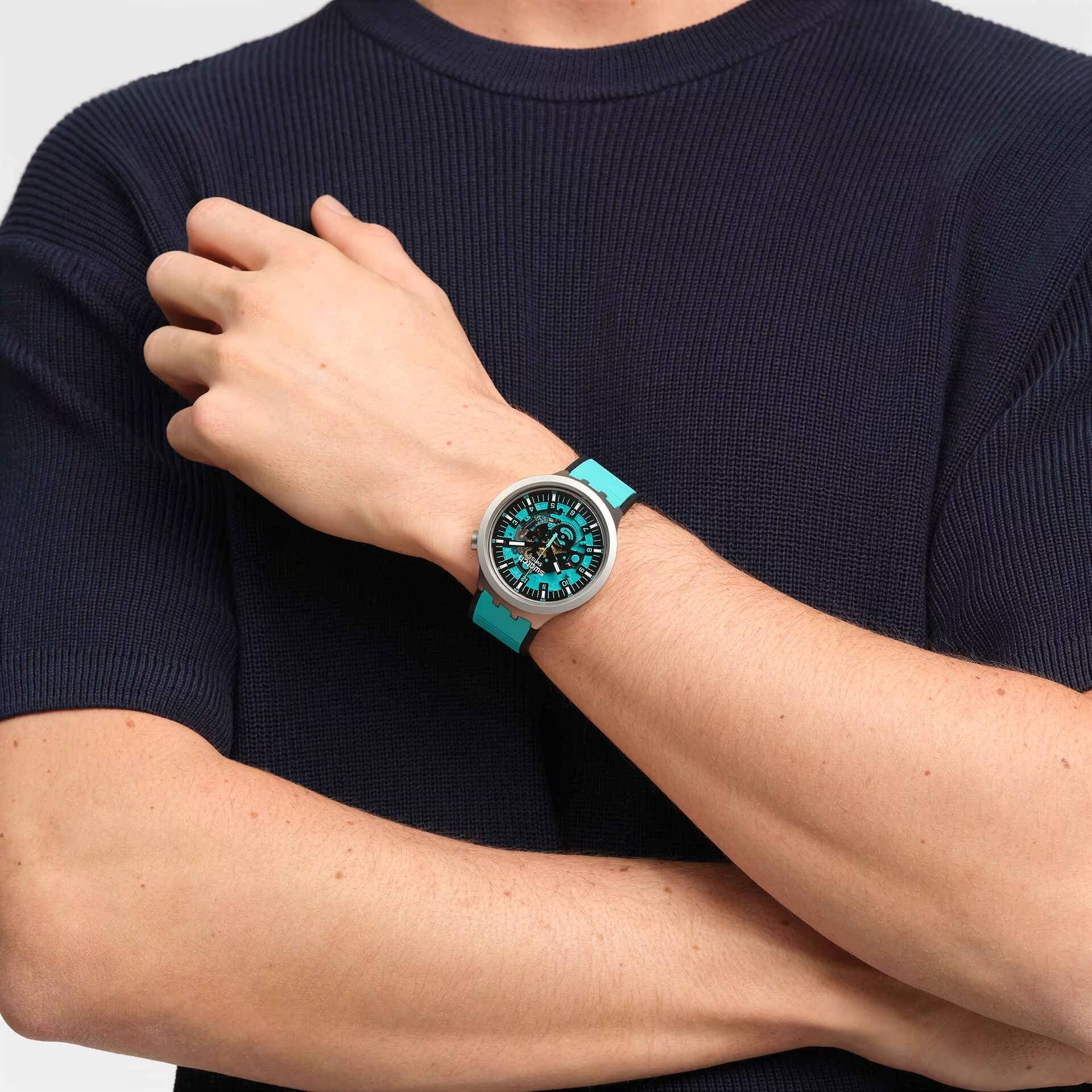 Orologio Unisex Swatch Acciaio Big Bold Mint Trim Gomma Turchese Scheletrato SB07S111