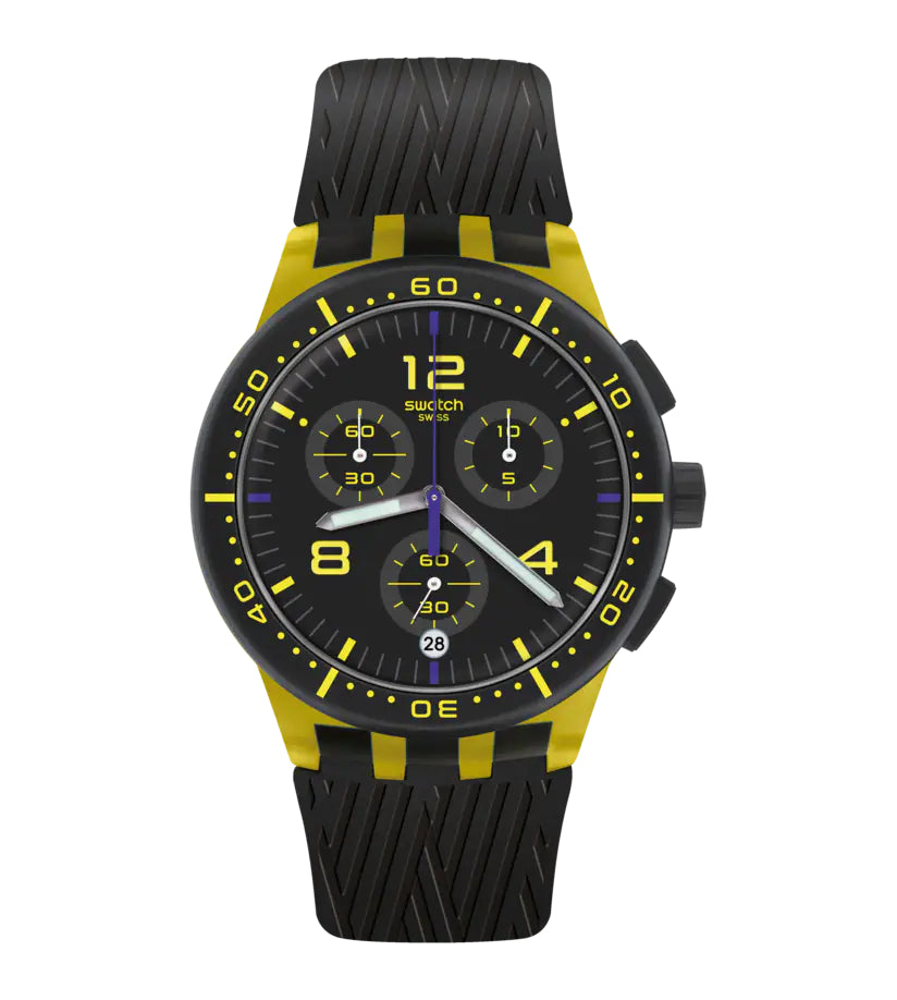 Orologio Uomo Swatch Quarzo Cronografo Nero Giallo Trasparente Numeri Data SUSJ403
