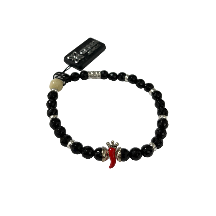 Bracciale Unisex Gerba Argento 925 Elastico Pietre Nere Corno Rosso HORN16EL