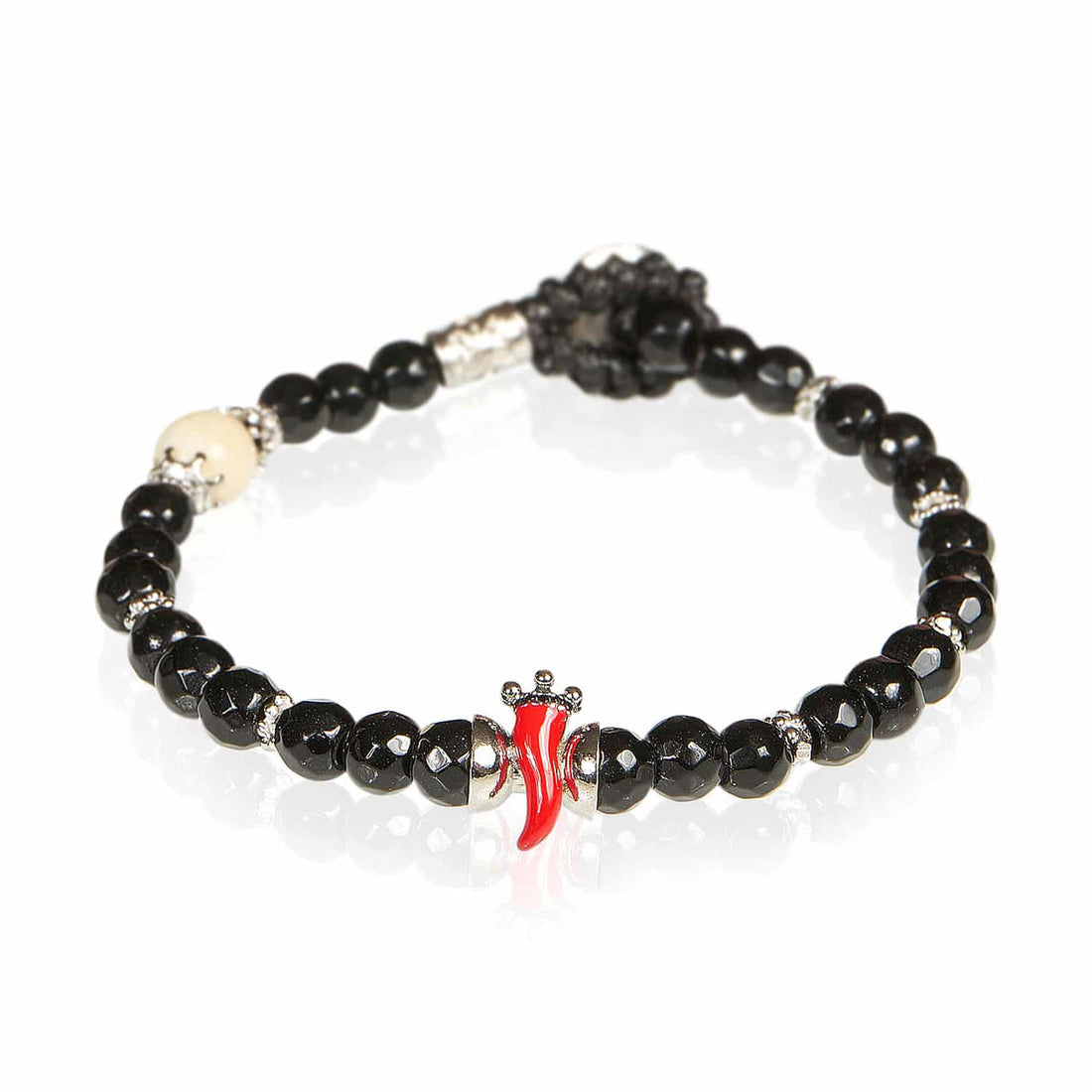 Bracciale Unisex Gerba Argento 925 Pietre Nere Sfaccettate Corno Rosso HORN16
