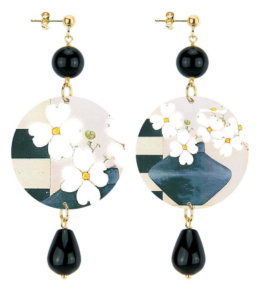 Orecchini Donna Lebole The Circle Fiori Bianco Nero Schiacciati D/OR.273