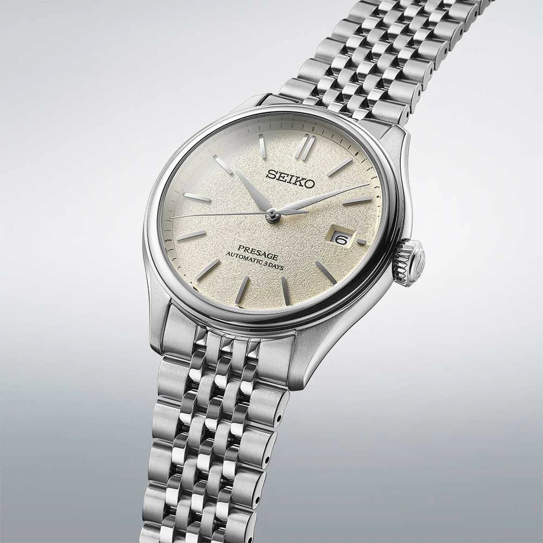 Orologio Uomo Seiko Presage Automatico Bianco Crema Seta Acciaio Data SPB463J1